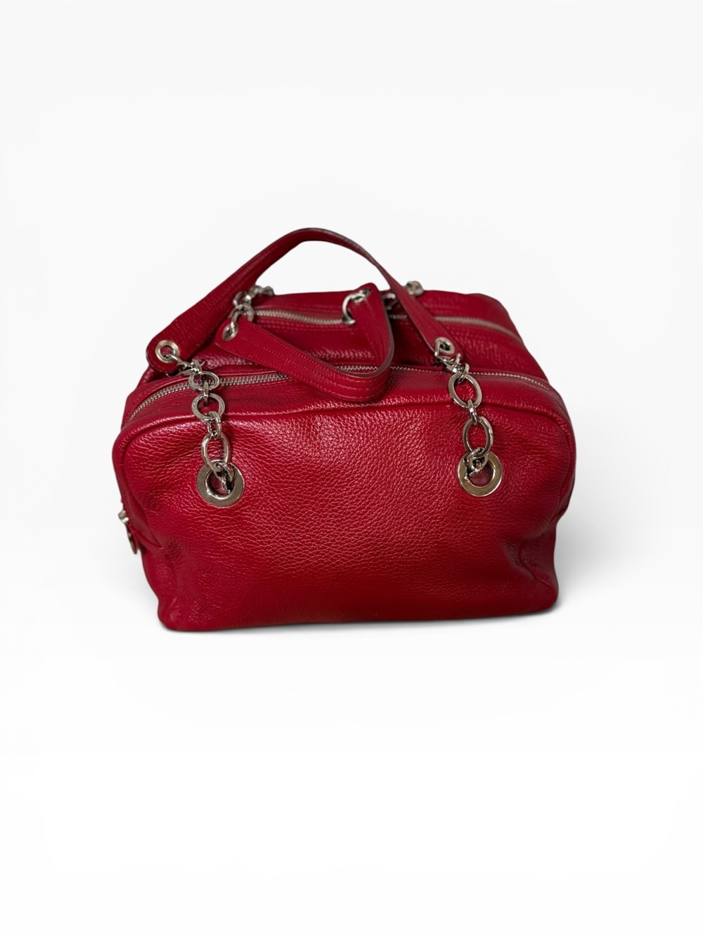 Furla Red Pebbled Genuine Leather Multi Compartment Chain Satchel Bag - Picture 3 of 10